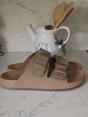 George Brown Suede-Look Slide Sandals with Double Straps